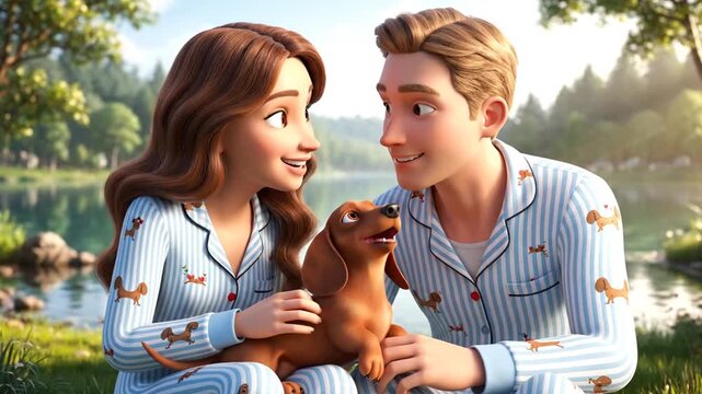 Happy Young Couple in Valentine Day Pajamas Cuddling Cute Dachshund Dog by Lake in Summer Nature Scenery