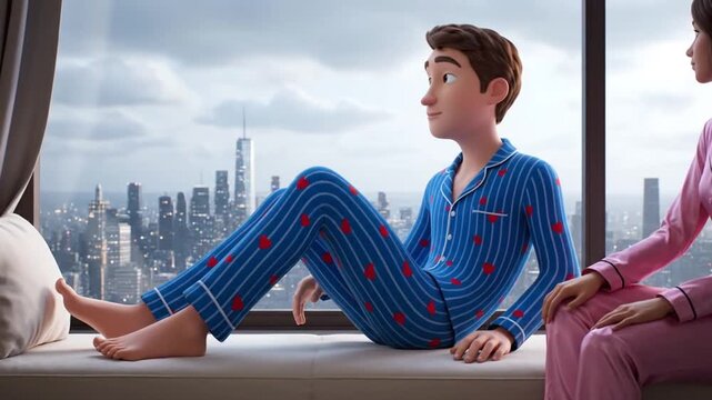Animated couple in Valentine Day Pajamas enjoying a city view from their window, celebrating love and comfort on a cloudy day.