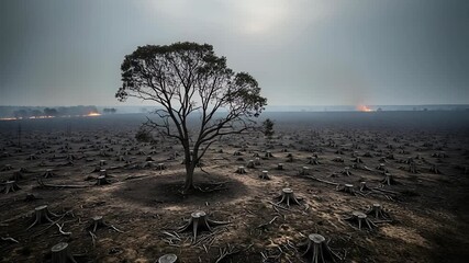 A solitary tree bravely endures in a vast, barren landscape of tree stumps and smoldering distant fires, starkly depicting the profound environmental impact of deforestation and climate change