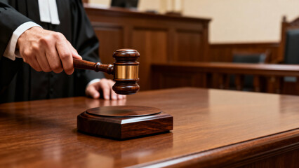 Close-up of judge's hand striking gavel on wooden sound block in courtroom, serious atmosphere