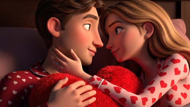 Romantic Couple in Heart Pattern Valentine Day Pajamas in Bed Holding Red Heart Pillow, Intimate Moment