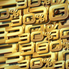 word font gold 30% large, small, gold letters stacked on top of each other as a gold and brown background, decor, fashion, banner