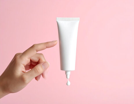 Photorealistic Blank White Cosmetic Tube Mockup with Hand Squeezing Cream Drop on Soft Pink Background, Skincare Beauty Concept