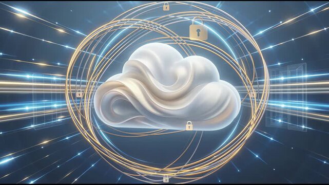 Abstract glowing cloud with digital security rings symbolizing protected cloud computing and data flow