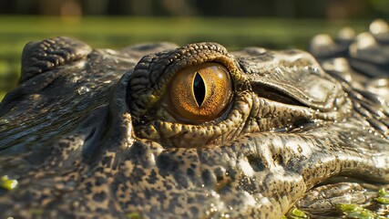 Alligators piercing eye gaze intensifies with primal power, conveying unyielding determination for projects exploring resilience in nature, perfect for backgrounds or symbolism in advertising.