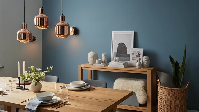 Modern dining room interior featuring a wooden table, comfortable chairs, and stylish copper pendant lights, creating a warm and inviting atmosphere
