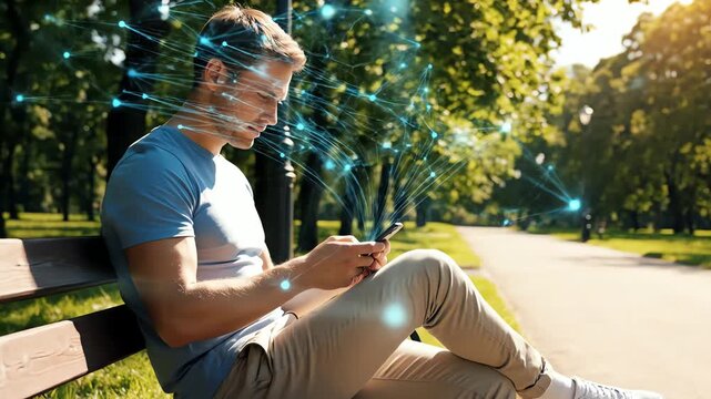 A man on a park bench uses a smartphone as a futuristic digital network visualizes AI and data connection.