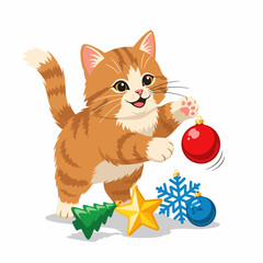 Cute ginger kitten playing with Christmas ornaments.