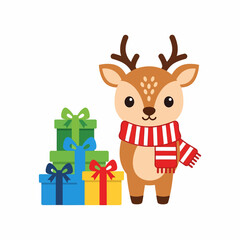 Cute Cartoon Reindeer with Scarf and Christmas Gifts.