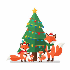 Cute Fox Family Celebrating Christmas Together.
