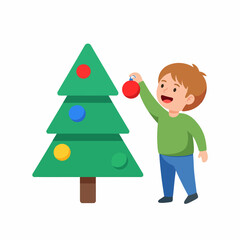 Young Boy Decorating a Christmas Tree with Ornaments.