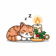 Cute sleeping cat next to a Christmas candle.