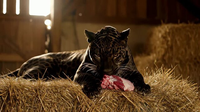 A powerful black jaguar feasting on a piece of raw meat while resting on a hay bale inside a rustic barn