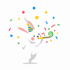 Cute white bunny celebrating with party hat and confetti.