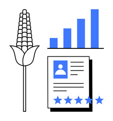 Corn plant illustration adjacent to a bar chart and document with profile and star rating. Ideal for agriculture performance, analytics, quality control, certifications, farming technology, market