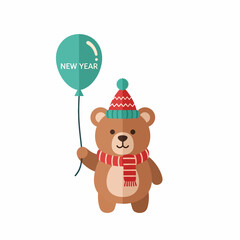 Cute Bear in Winter Hat and Scarf Holding New Year Balloon.