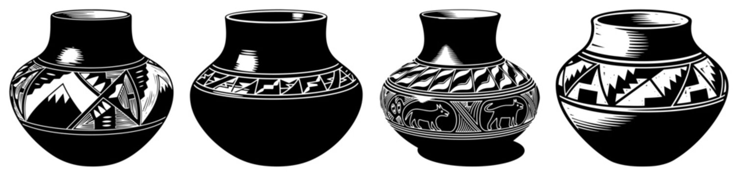 Set of traditional Native American pottery vases with geometric ethnic patterns