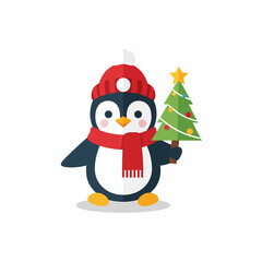 Cute Penguin Character Wearing a Red Hat and Scarf Holding a Christmas Tree.