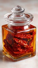 Glass Jar with Dried Red Chili Peppers in Oil on Neutral Background