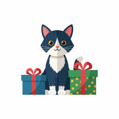 Cute Tuxedo Cat with Christmas Gifts Illustration.