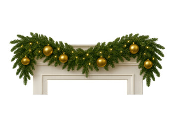 Obraz premium Christmas garland decorating white fireplace mantel with golden baubles and glowing string lights, transparent background
