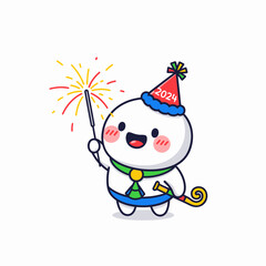 Cute Cartoon Character Celebrating New Year 2024 with Sparkler and Party Hat.