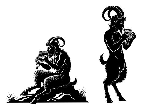 Two silhouettes of mythical satyrs playing pan flutes in standing and sitting poses