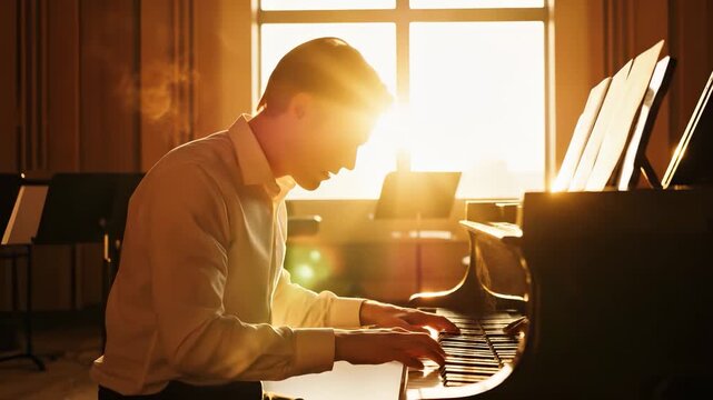 A young man plays the piano as sunlight streams through the window, creating a warm atmosphere. The man and the piano harmonize beautifully in the golden light of the sunset.