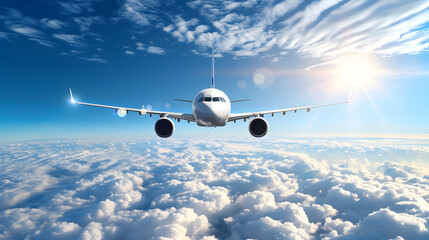青空と雲海の上を飛行する旅客機の正面、輝く太陽と航空旅行のイメージ