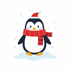 Cute cartoon penguin wearing a red scarf and Santa hat.