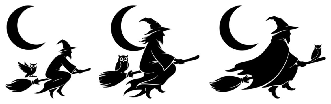 Three flying witches on broomsticks accompanied by owls and crescent moons