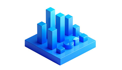 Isometric view of a 3D blue data visualization with bar and pie charts