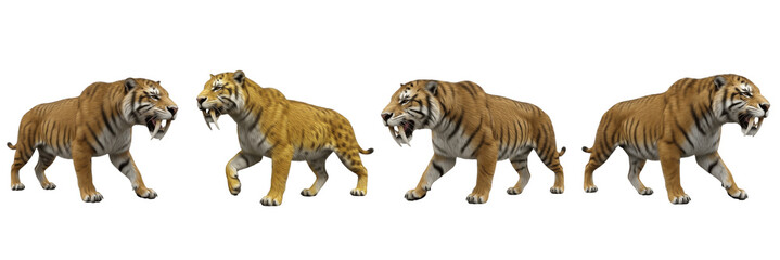 Set of Extinct Saber-Toothed Tiger Group Isolated on White Background,