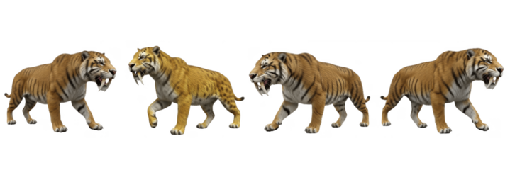 Set of Extinct Saber-Toothed Tiger Group Isolated on White Background,