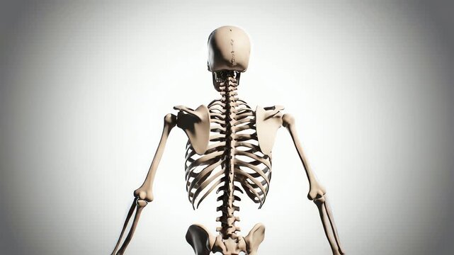 Detailed anatomical model of the human skeleton's upper body rotating in a seamless 360-degree loop for medical and scientific visualization.