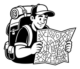 Male hiker with backpack holding a map for navigation during travel