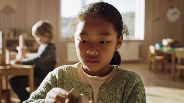 Focused Asian girl building with wooden blocks in a sunlit kindergarten classroom, illustrating early childhood education and creative learning concepts.
