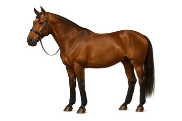 Fototapeta premium Bay horse with a dark mane and tail, adorned with a bridle and leg wraps, standing alone against a clear background