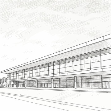Modern architectural blueprint sketch of a sleek contemporary building with extensive glass