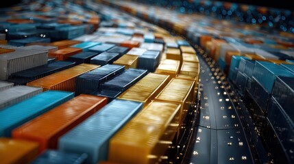 Obraz premium Container ship, glossy cargo modules arranged in curved patterns, 3D illustration. 