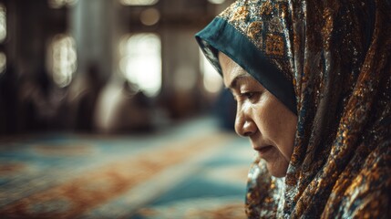 Serene profile of a Muslim woman in traditional headscarf during prayer