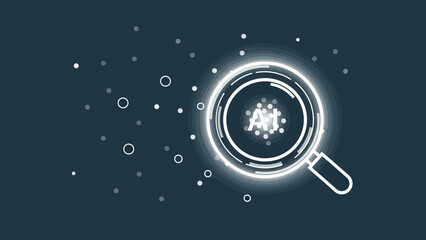 A glowing magnifying glass examining artificial intelligence (AI) text surrounded by digital data particles on a dark background. © Rehan Dwi Yoga