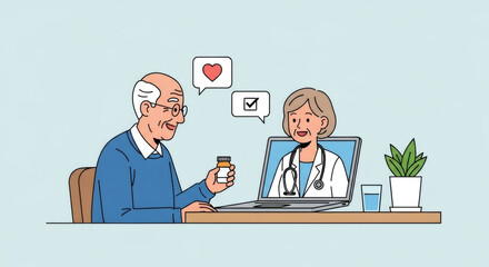 Elderly man consulting female doctor online. Telemedicine for senior patient seeking medical advice and prescriptions. Remote healthcare assistance.