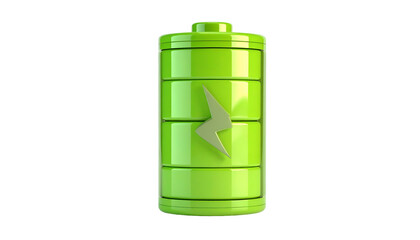 Green cylindrical battery with a lightning bolt symbol indicating charging on a black background