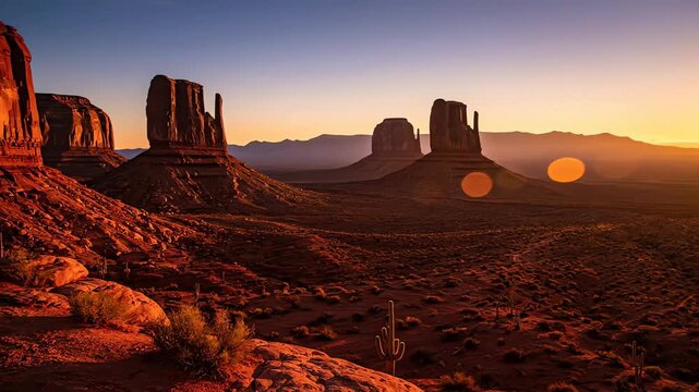 Golden sunset over the iconic sandstone buttes and mesas of Monument Valley in the vast Arizona desert landscape