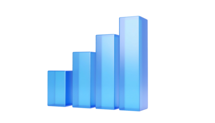 Four blue, translucent bar graph columns increasing in height against a black background