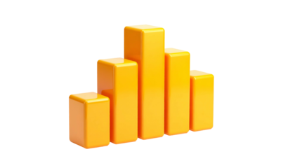 A 3D rendered orange bar graph rises from left to right, representing data trends