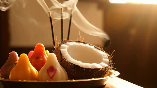 A Serene Puja Offering with a Coconut, Modak Sweets, and Rising Incense Smoke for a Hindu Festival