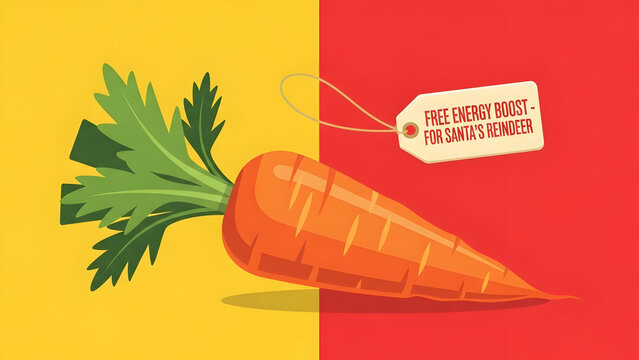 Colorful flat vector illustration of a fresh carrot with leafy greens on a split red and yellow background