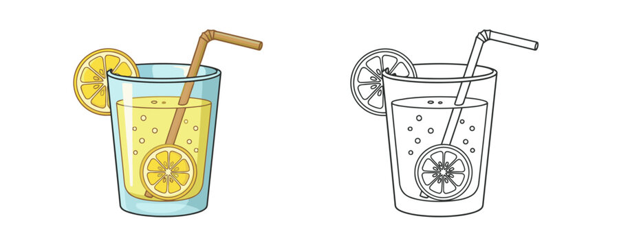 Glasses of refreshing lemonade with lemon slices and a straw, one colored and one black and white outline vector illustration for a summer drink menu